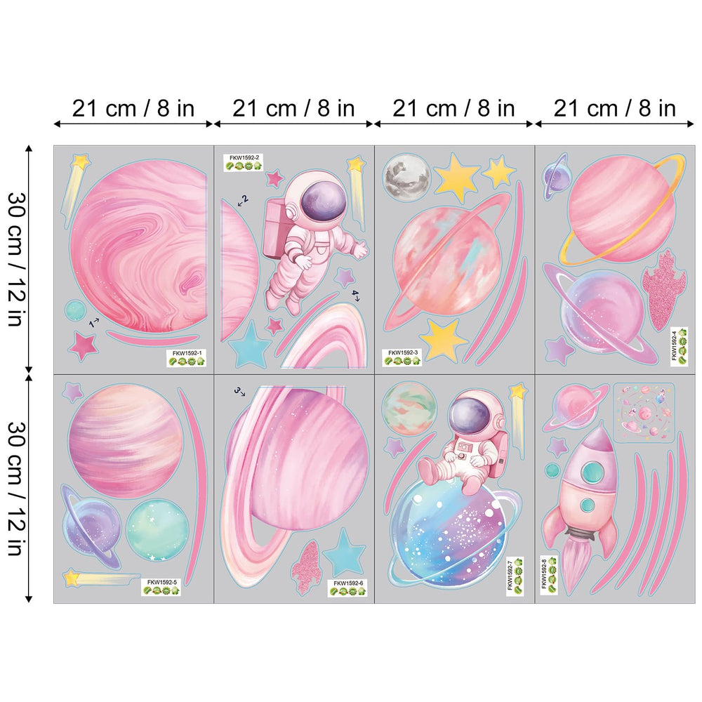 FUFUQUARE pastel pink planet orbits decals decorate a cozy nursery or play space.
