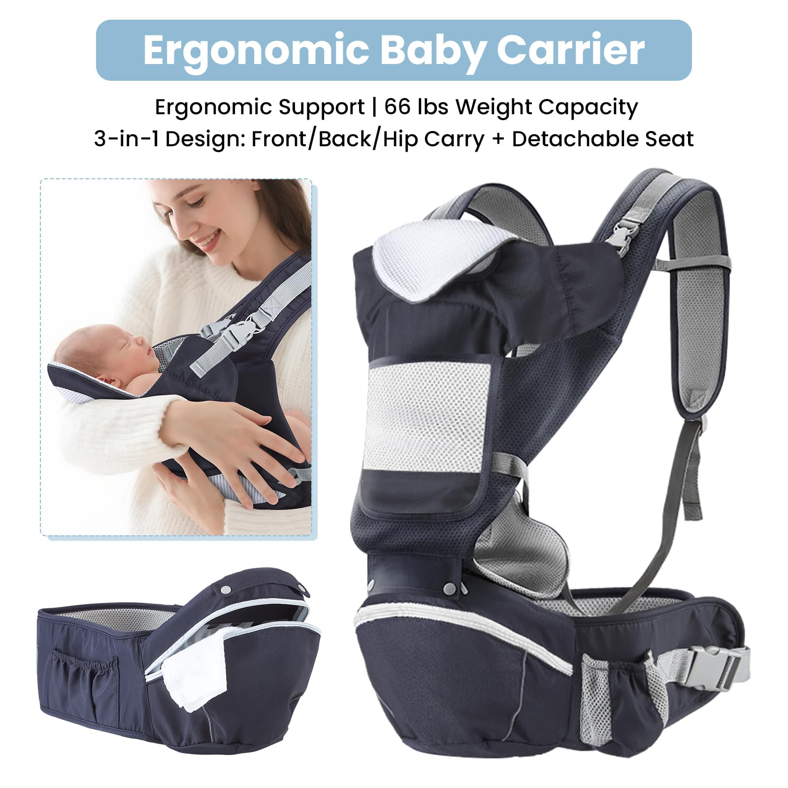 FUFVUTI baby carrier detachable bag offers organized access during errands.