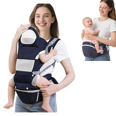 FUFVUTI baby carrier hip-seat demonstrates weight distribution for comfortable all-day wear.