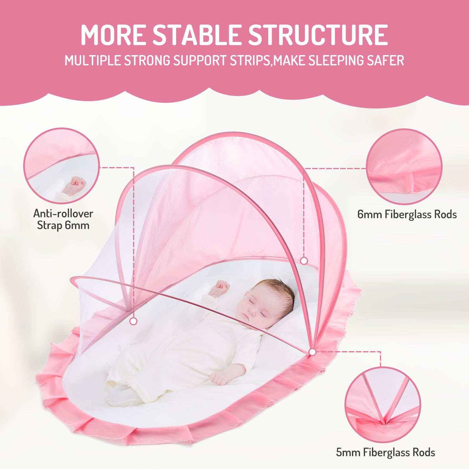 FUFVUTI crib net with arc structure pink stability in breeze