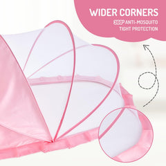 FUFVUTI foldable pink crib net designed for quick one-handed setup