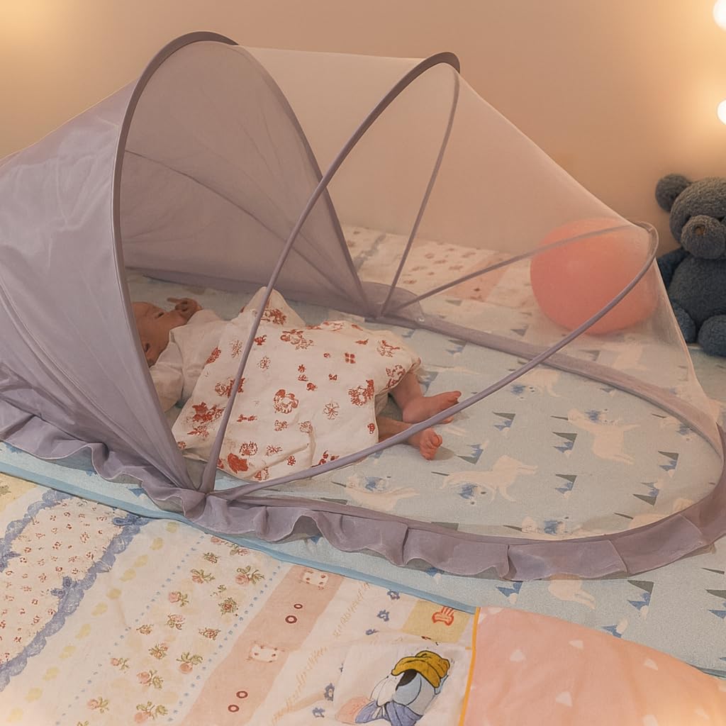 FUFVUTI grey-crib-net-outdoor-nap grey color complements nursery while providing protective canopy for outdoor sleep.