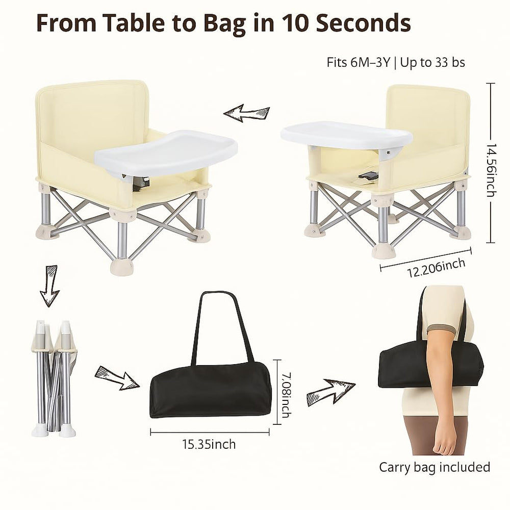 FUFVUTI chair with removable tray makes mealtime cleanup quick while dining out.