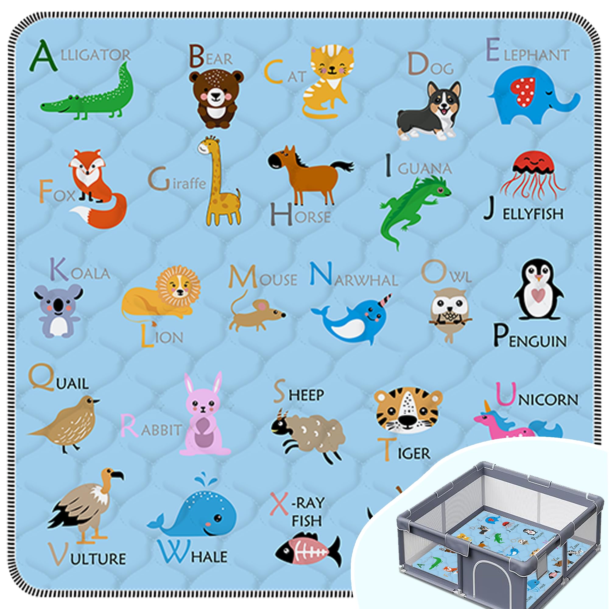 FUGWU Baby Play Mat blue animal pattern provides a large safe play area.