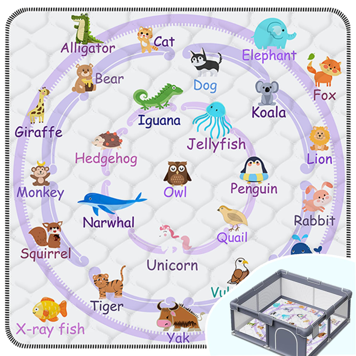 FUGWU baby play mat purple animal padded-surface for safe, comfortable play sessions.