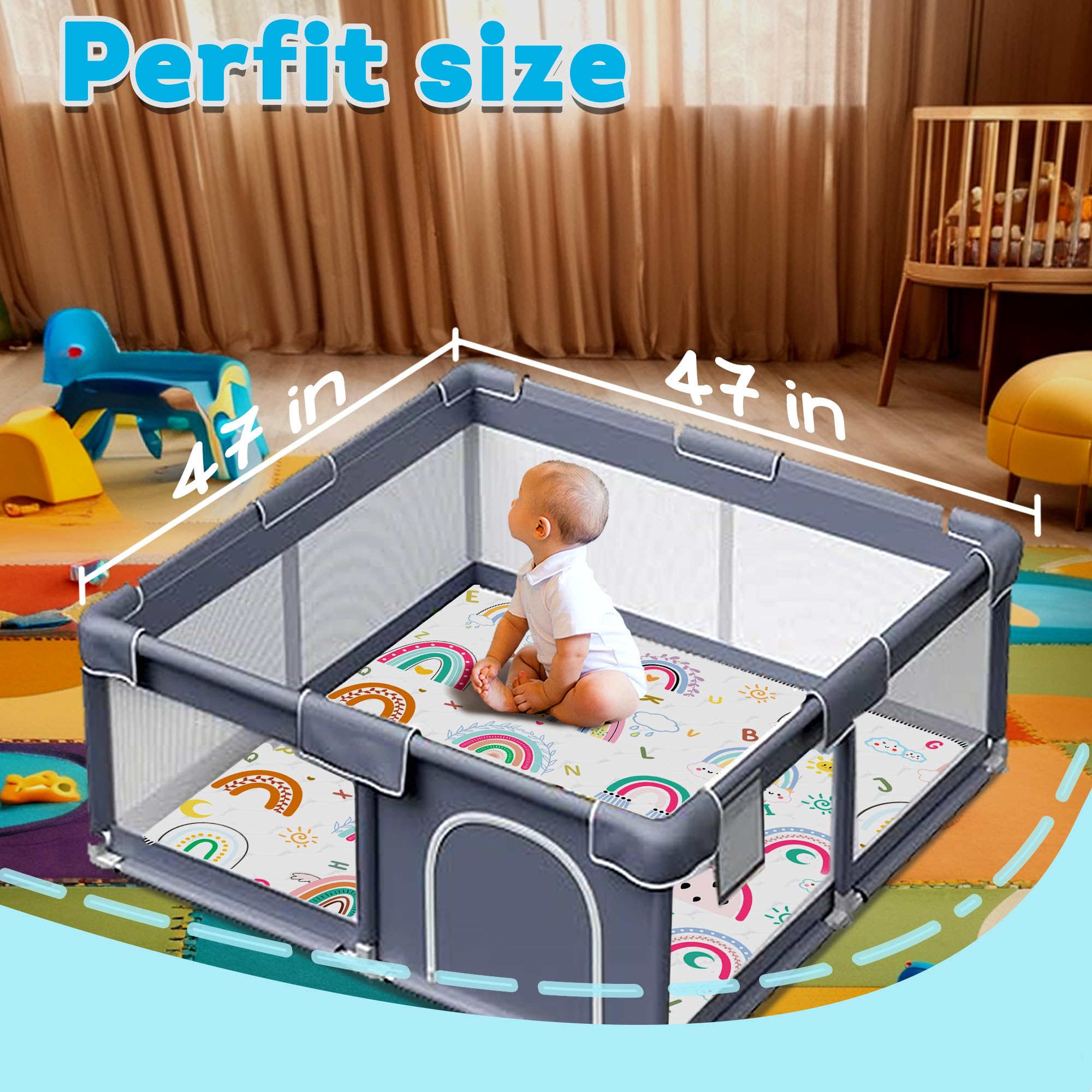 FUGWU rainbow-pattern play mat provides visual stimulation for development.