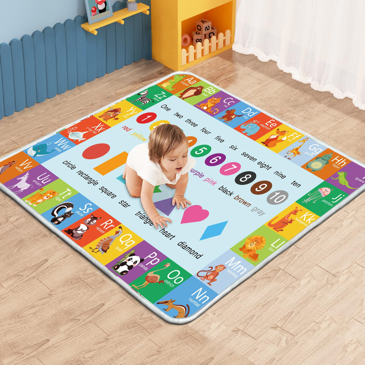 FUGWU Alphabet Play Mat shows large 50x50 inch area for generous baby play space