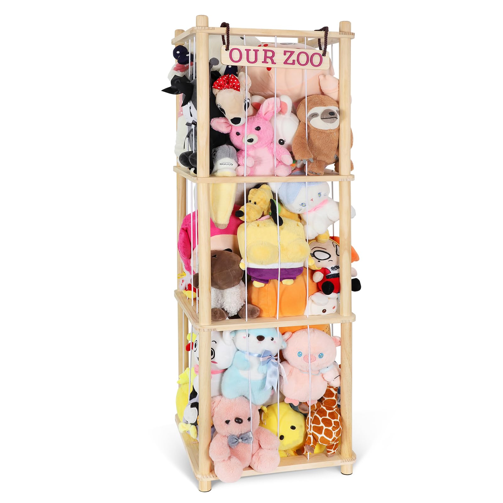 Fuilee extra-large storage corner organizer with wooden frame for plush display and easy access.
