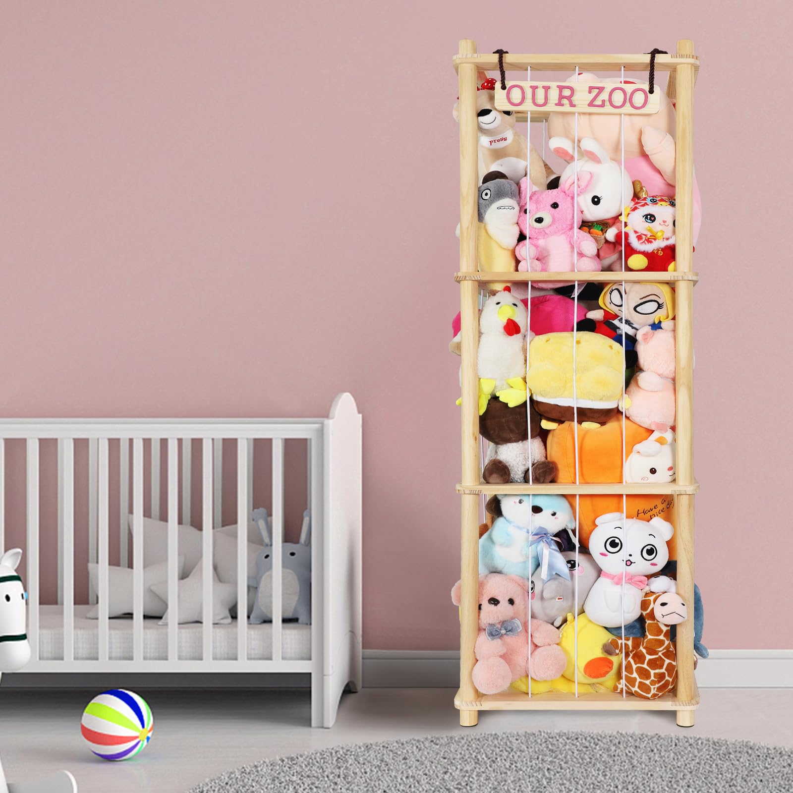 Fuilee stuffed animal holder with wooden frame holds up to 200 plush toys for tidy playrooms.