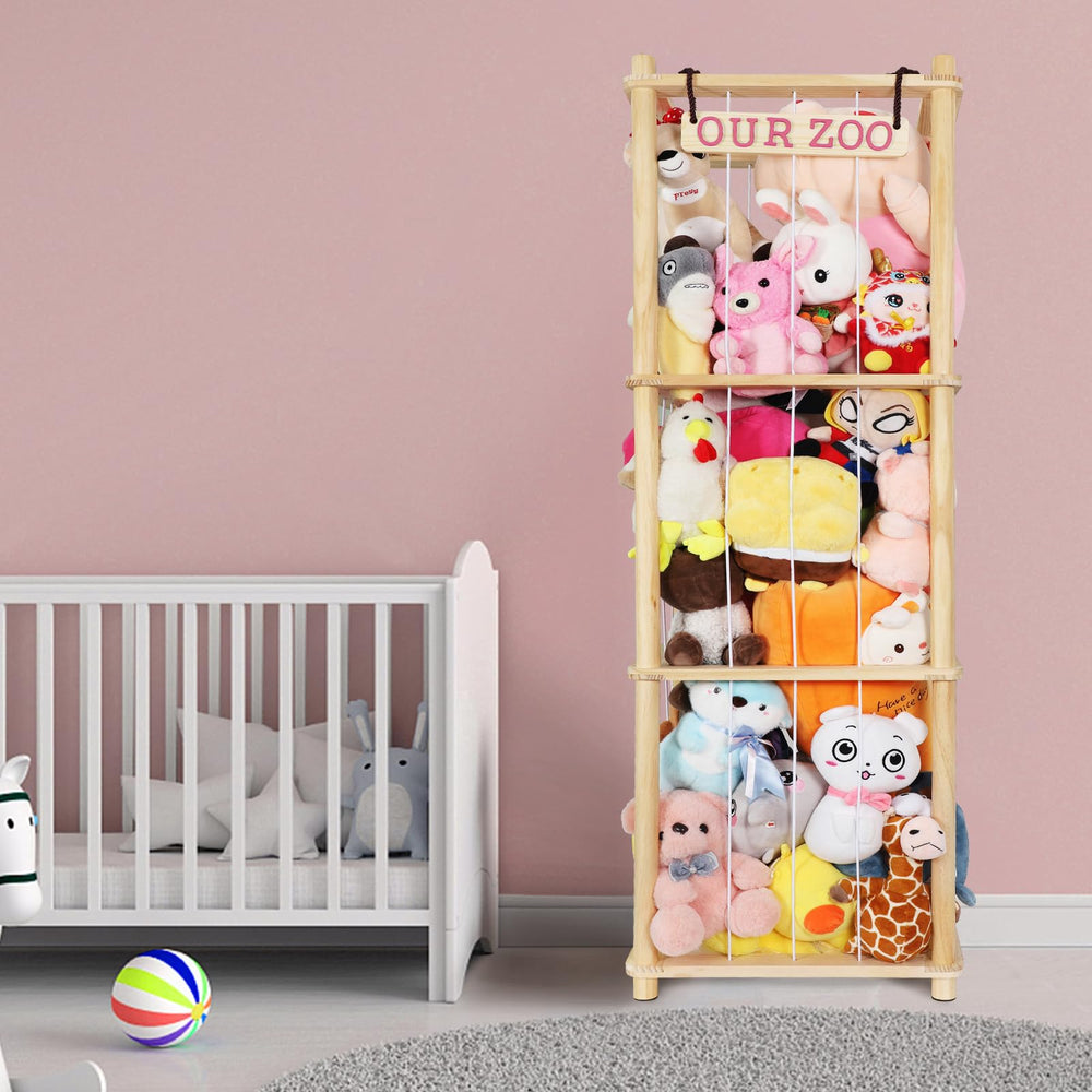 Fuilee stuffed animal holder with wooden frame holds up to 200 plush toys for tidy playrooms.