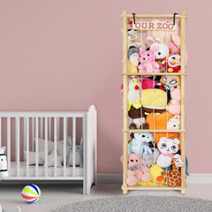 Fuilee stuffed animal holder with wooden frame holds up to 200 plush toys for tidy playrooms.