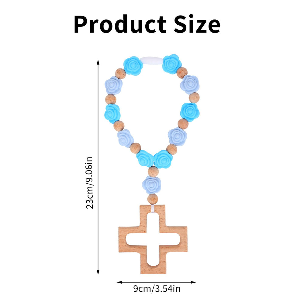 Fukaisu blue silicone rosary teether with wooden cross supports safe, soothing baby handling.