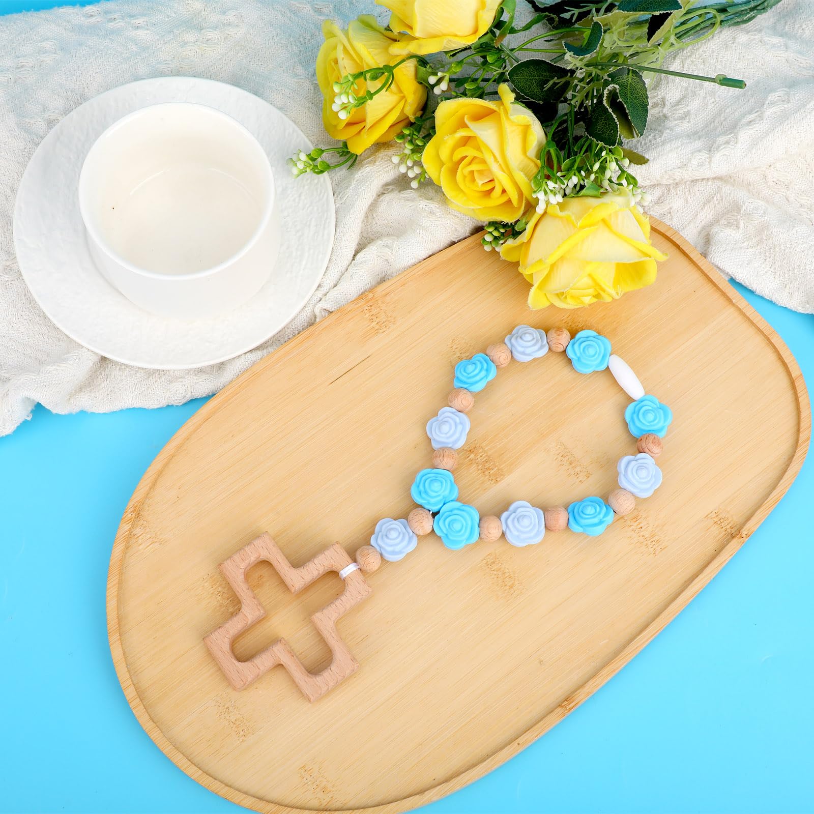 Fukaisu blue-flower beads silicone rosary closeup shows soft texture and visual appeal.