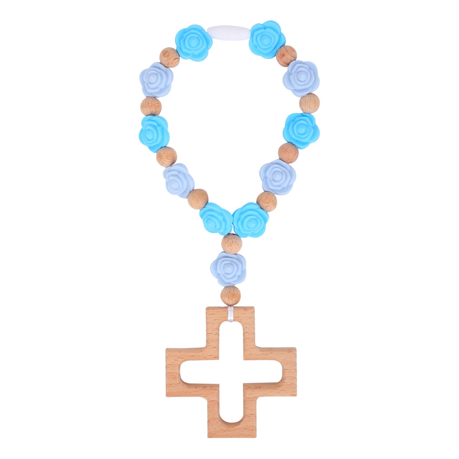 Fukaisu cross baptism silicone rosary with blue flower beads for a gentle baby keepsake.