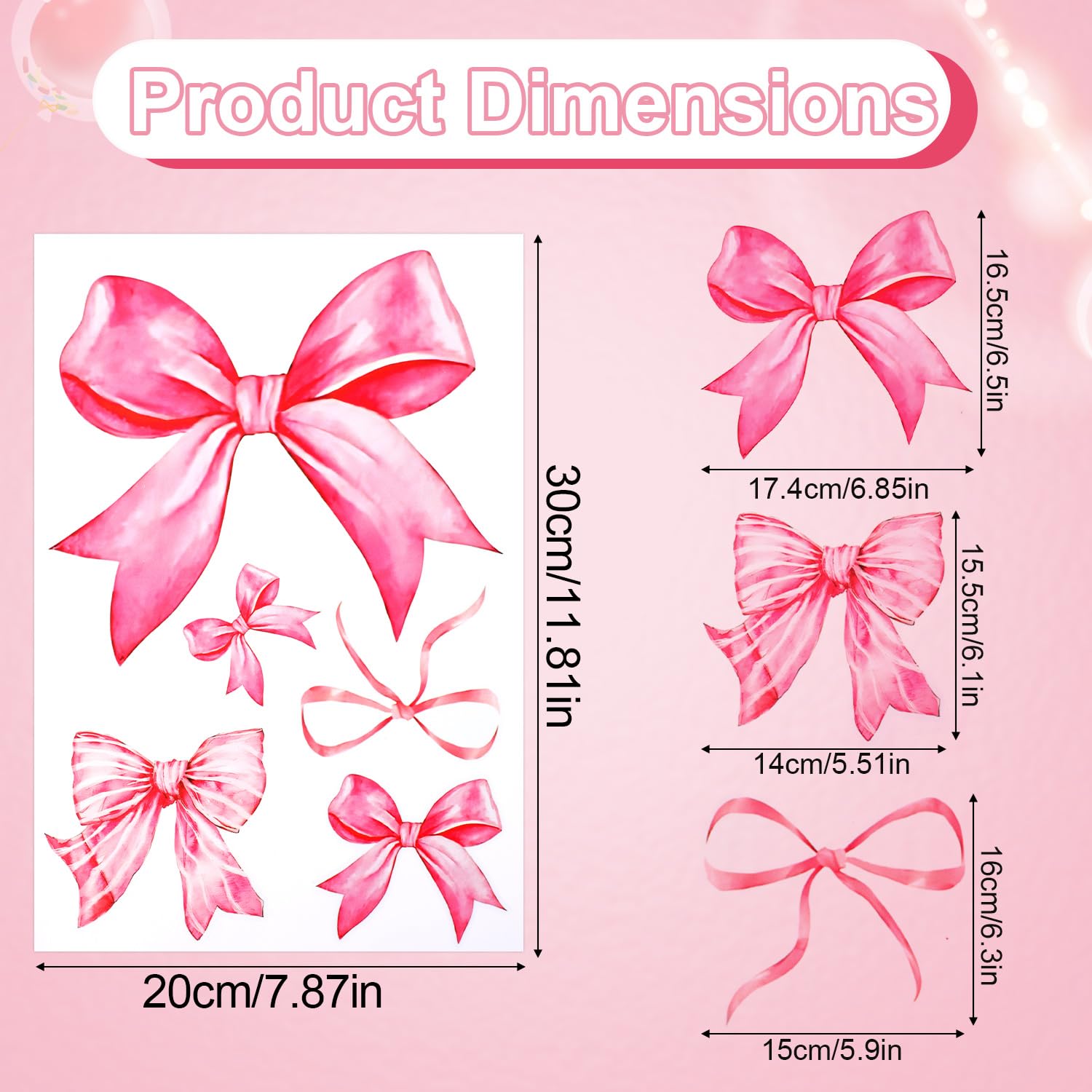 Fukaisu pink bow wall stickers closeup detail showing glossy PVC finish.