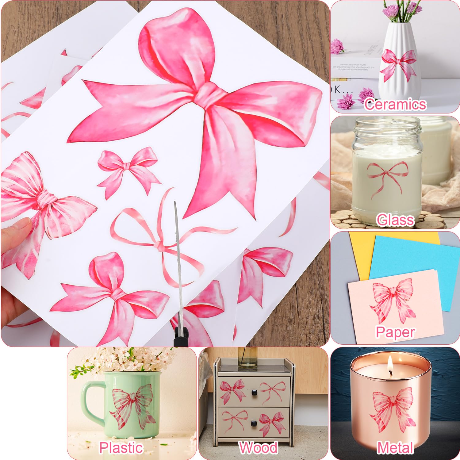 Fukaisu pink bow wall stickers on wall for cute, non-permanent decor.