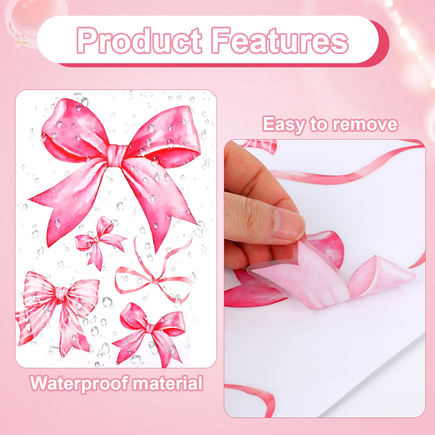 Fukaisu pink bow wall stickers on window scene add playful color.