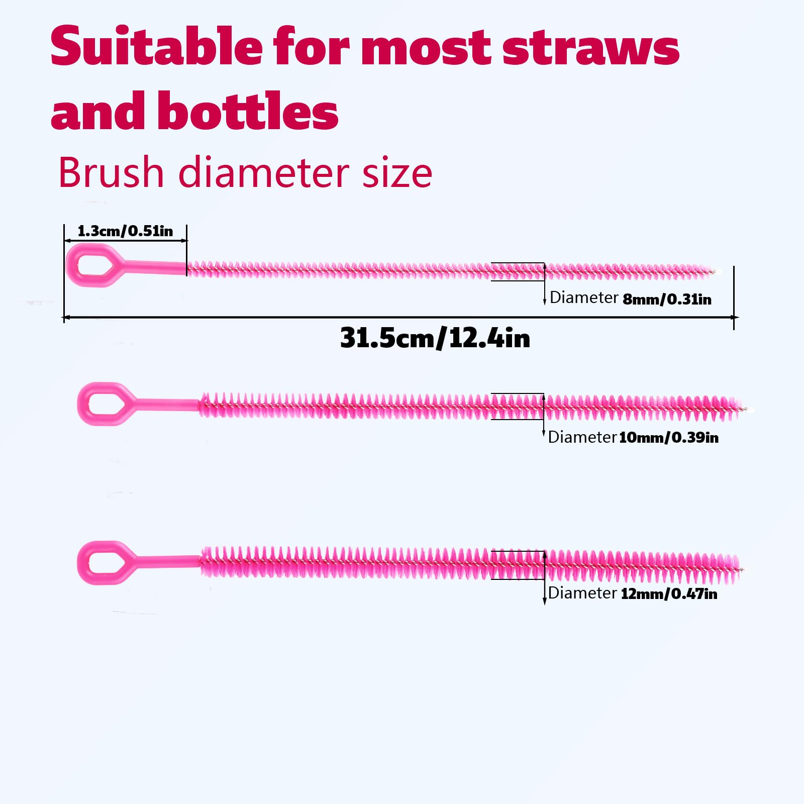 Fukaisu rose-pink brushes show three sizes for versatile straw cleaning.