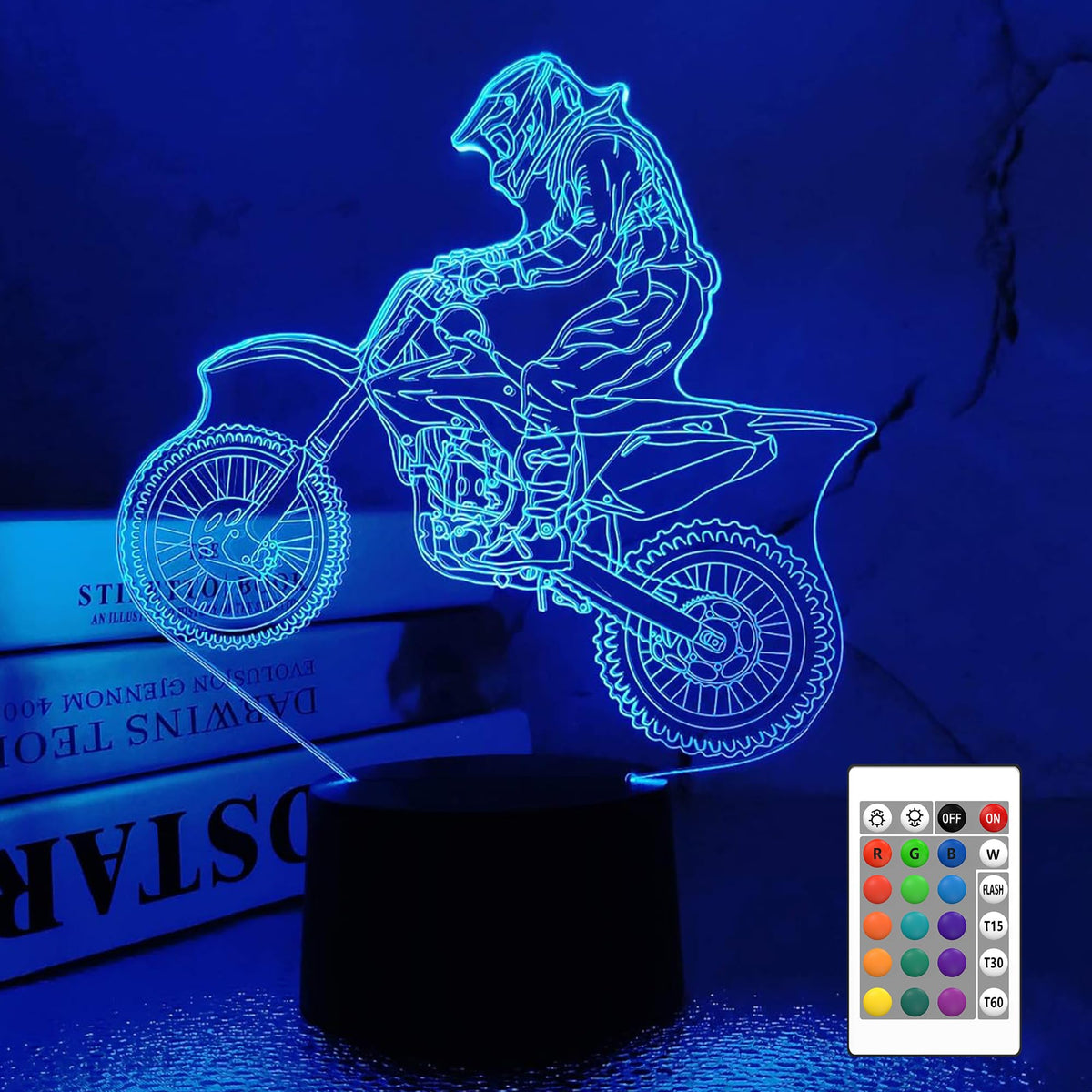 FULLOSUN Dirt Bike Night Light front view with vibrant glow for kids' room decor