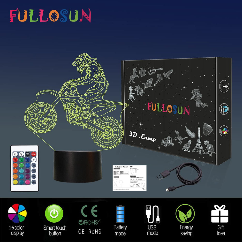 FULLOSUN Dirt Bike Night Light USB cable power option for convenient setup