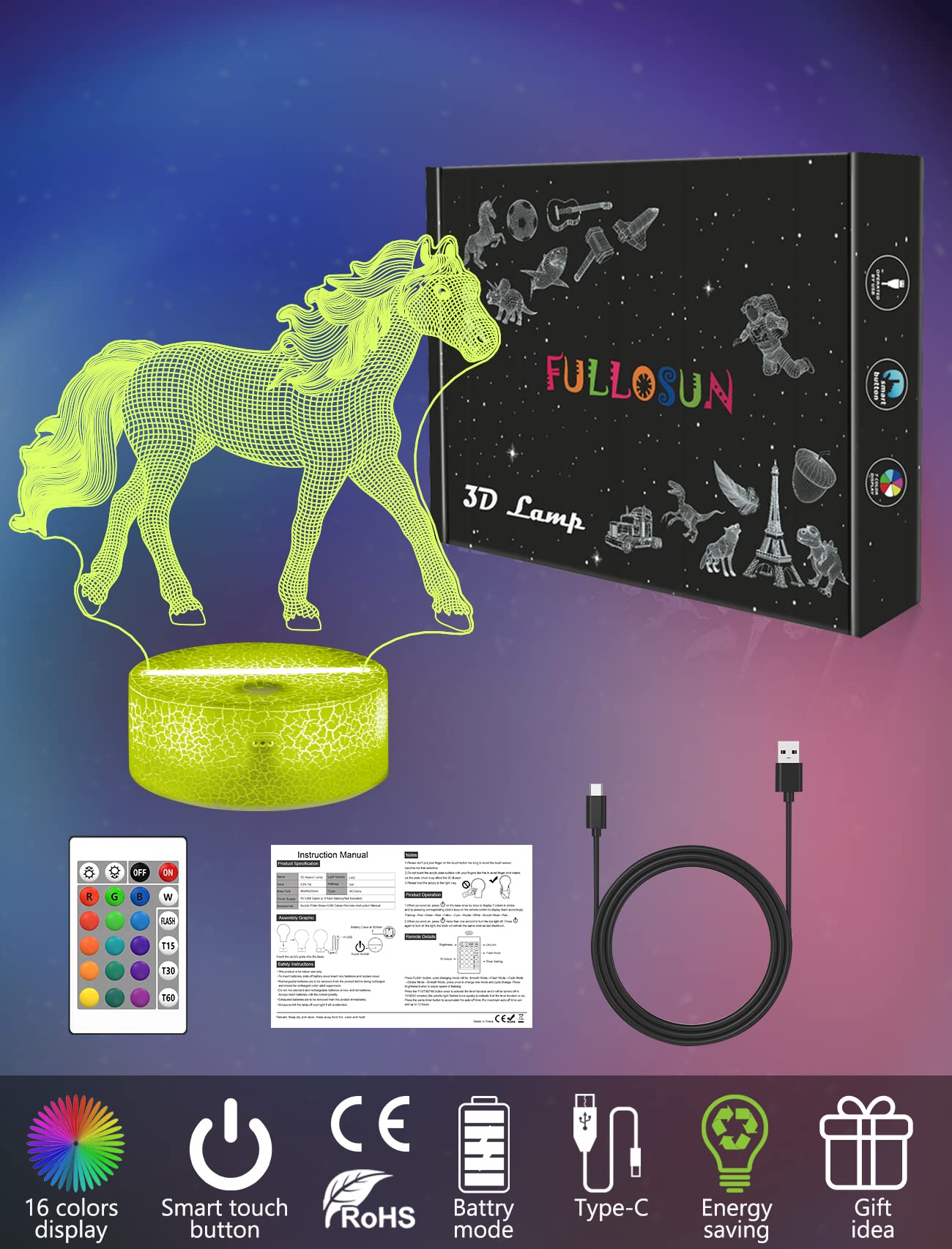 FULLOSUN horse 3D night light 16 color options for mood lighting