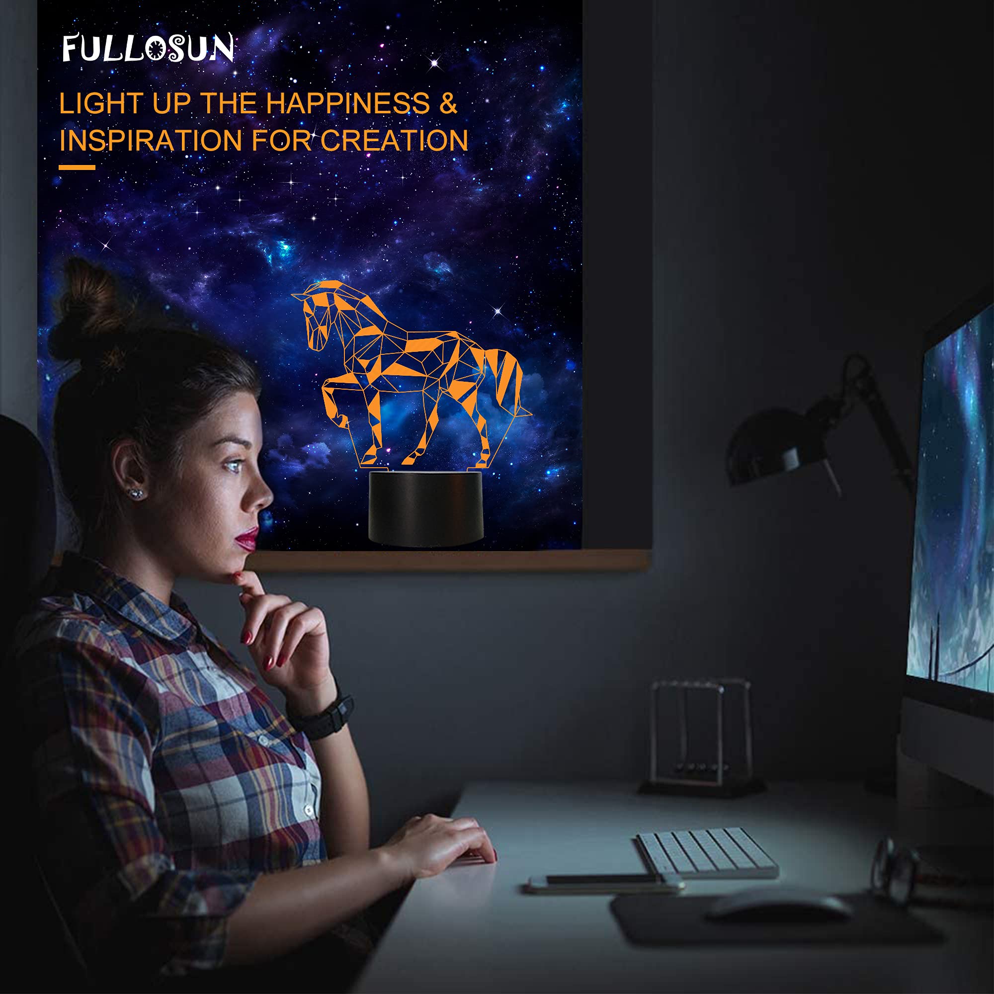 FULLOSUN horse illusion bedroom decor night light enhances kid's room with charming art.