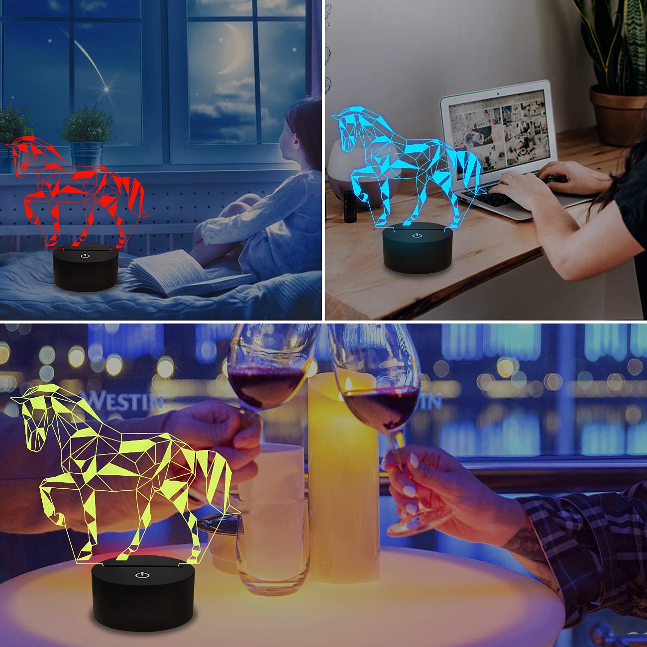 FULLOSUN horse illusion color-changing night light showcases 16 colors for customizable mood.