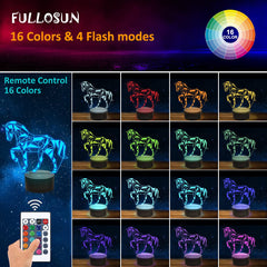 FULLOSUN horse illusion side-view night light softly accents a child's nightstand for calming ambience.