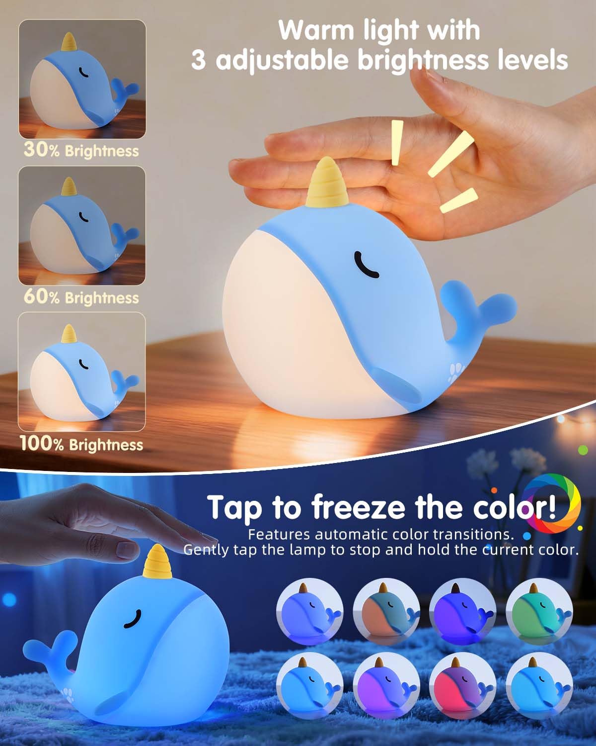 Fuloon Narwhal Night Light color-magic mode cycles hues for playful rooms.