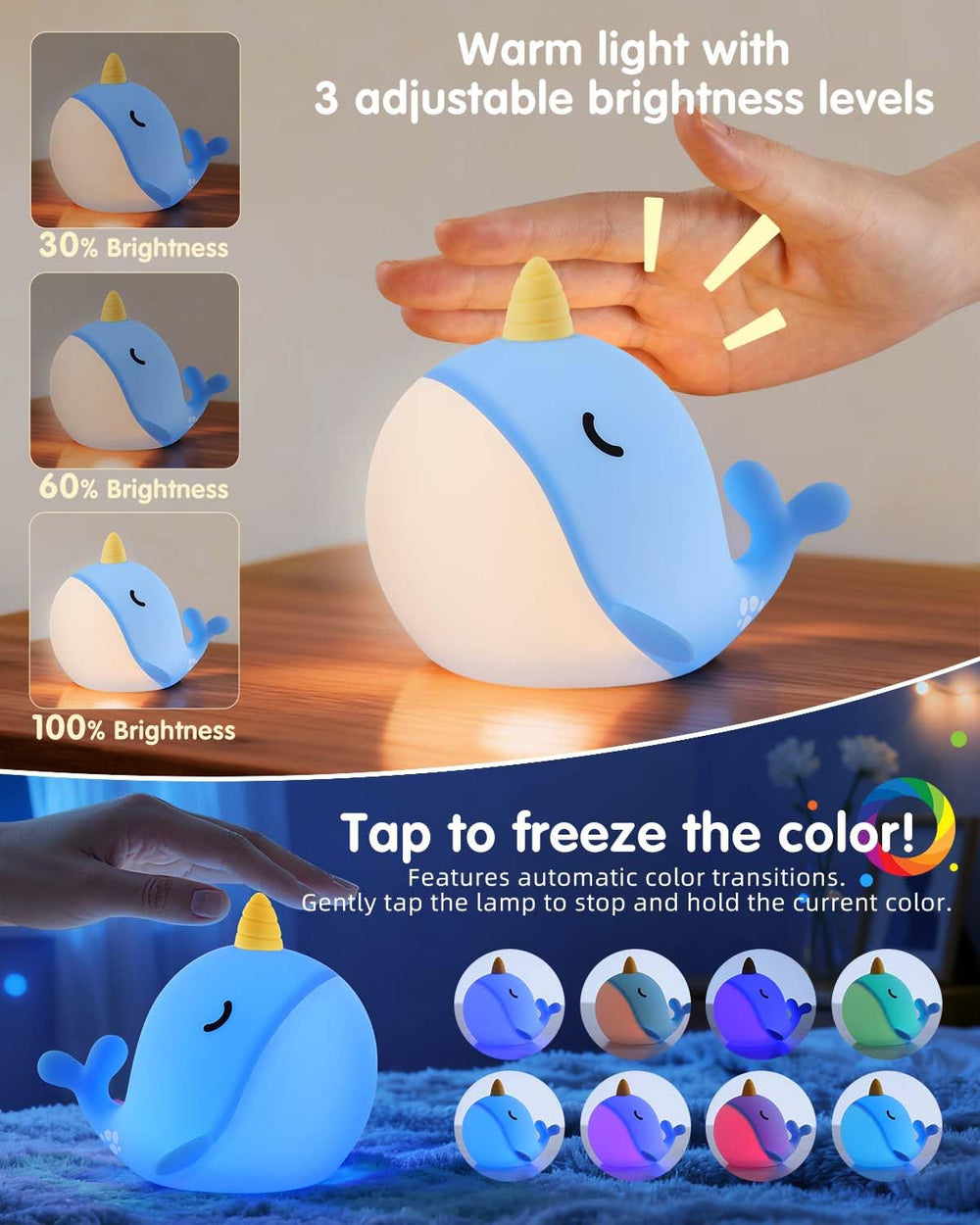 Fuloon Narwhal Night Light color-magic mode cycles hues for playful rooms.