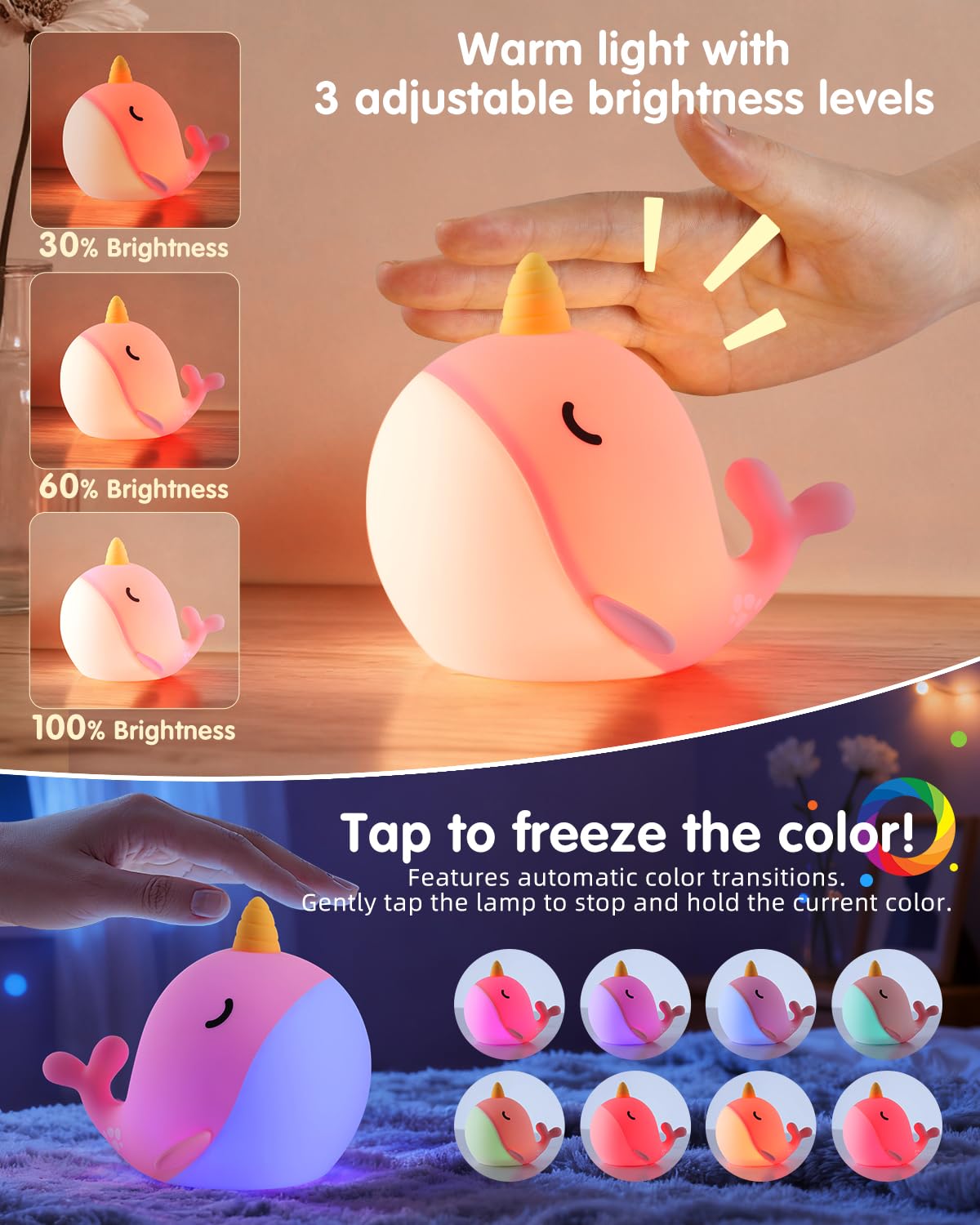 Fuloon Narwhal night light color-modes—fun ambience for kids' playtime.