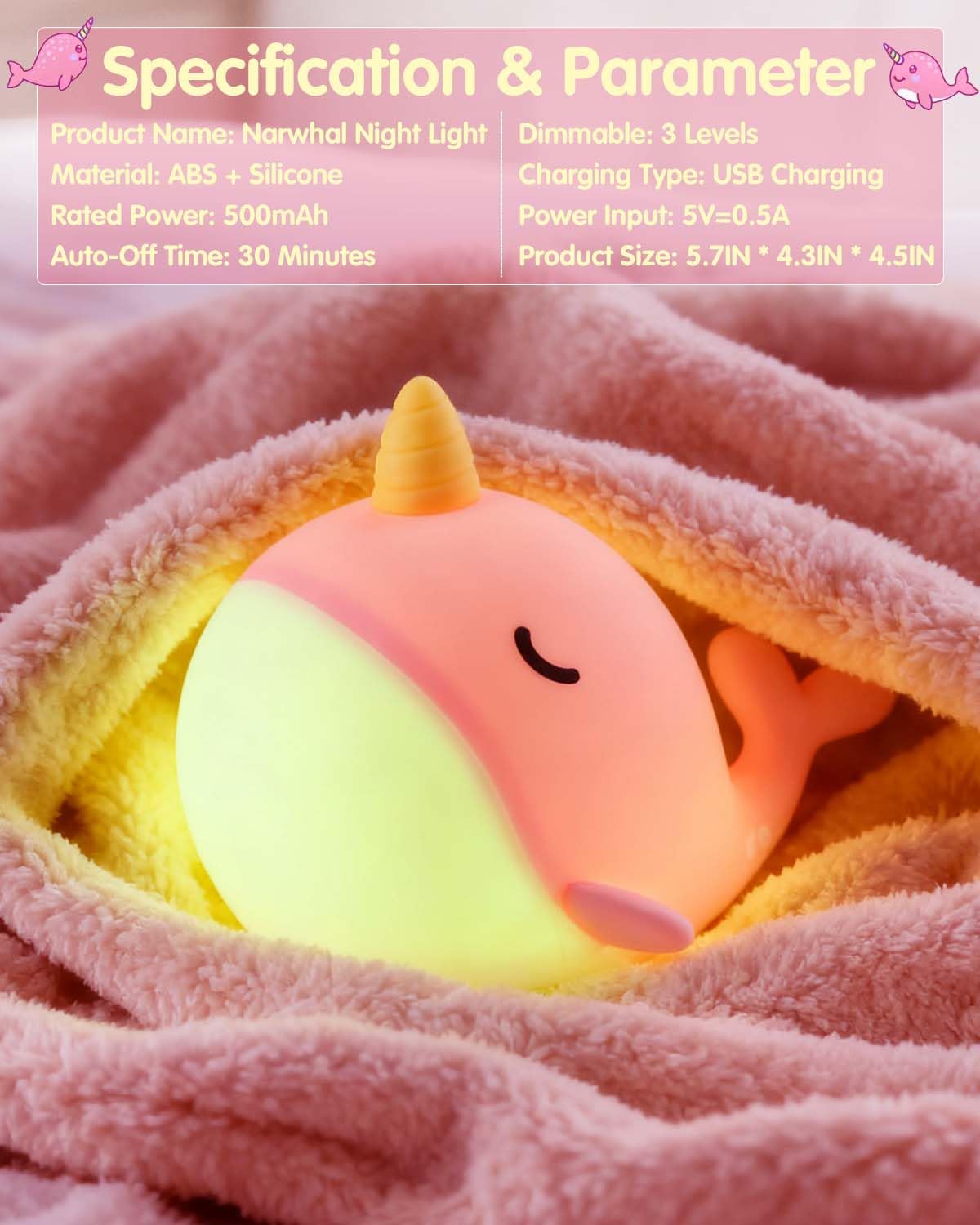 Fuloon Narwhal night light in a child's room—soft illumination for safe nighttime checks.