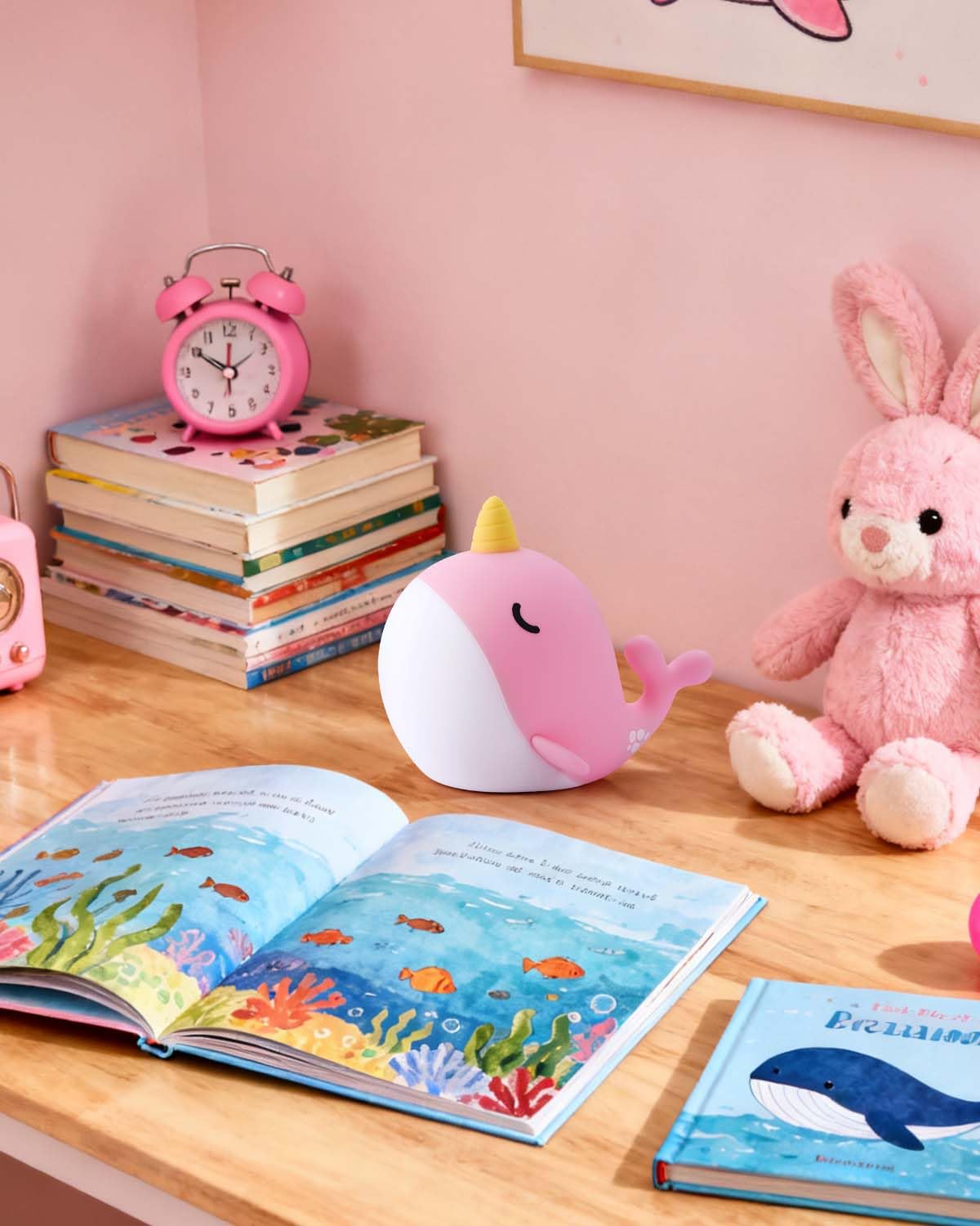 Fuloon Narwhal night light on a desk—portable desk companion and decor.