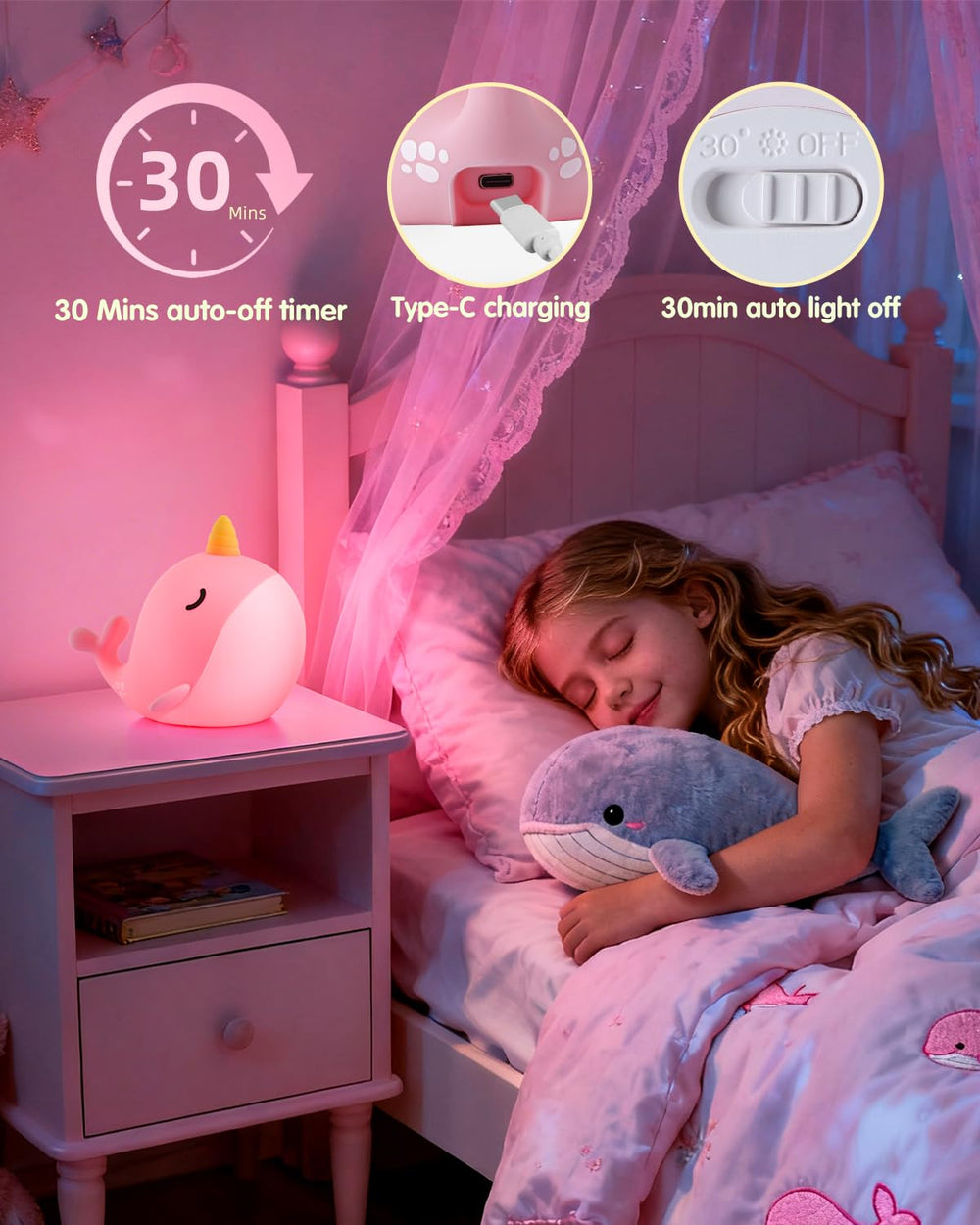 Fuloon Narwhal night light silicone body—soft, durable cuddle buddy for kids.
