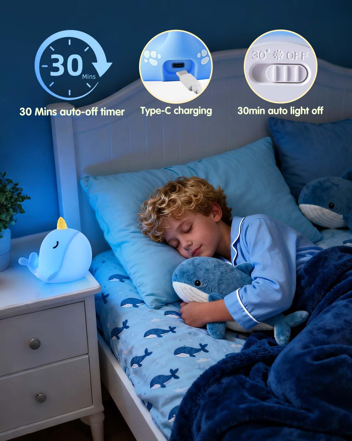 Fuloon Narwhal Night Light in soft silicone, a safe touch companion.