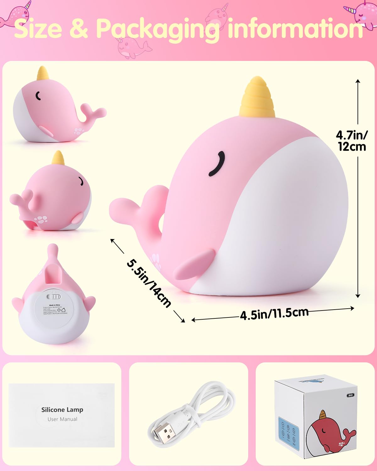 Fuloon Narwhal night light squishy design—cool-to-touch comfort during play.