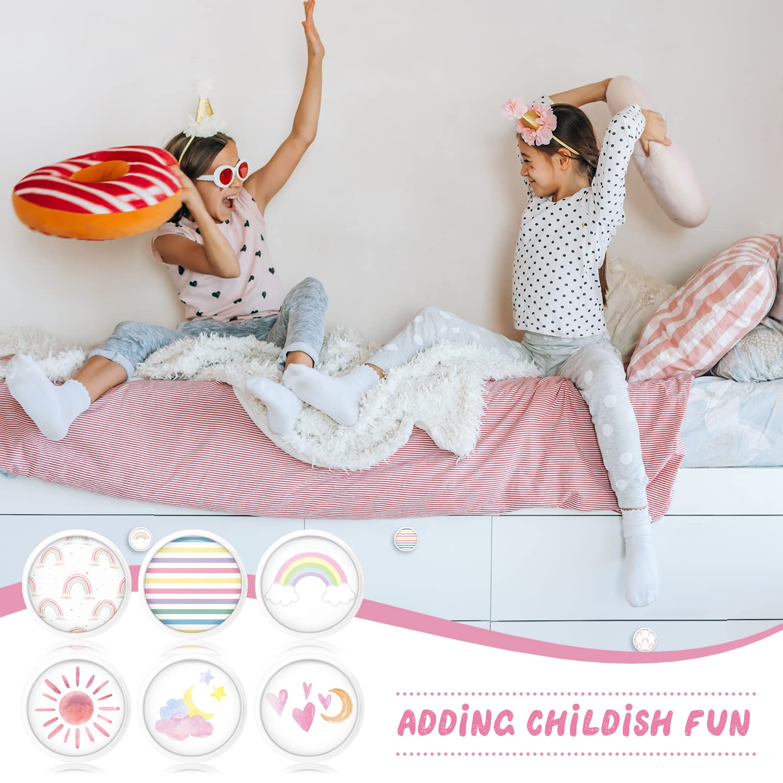 Fumete rainbow knob cloud pattern softens bedroom furniture with pastel charm.