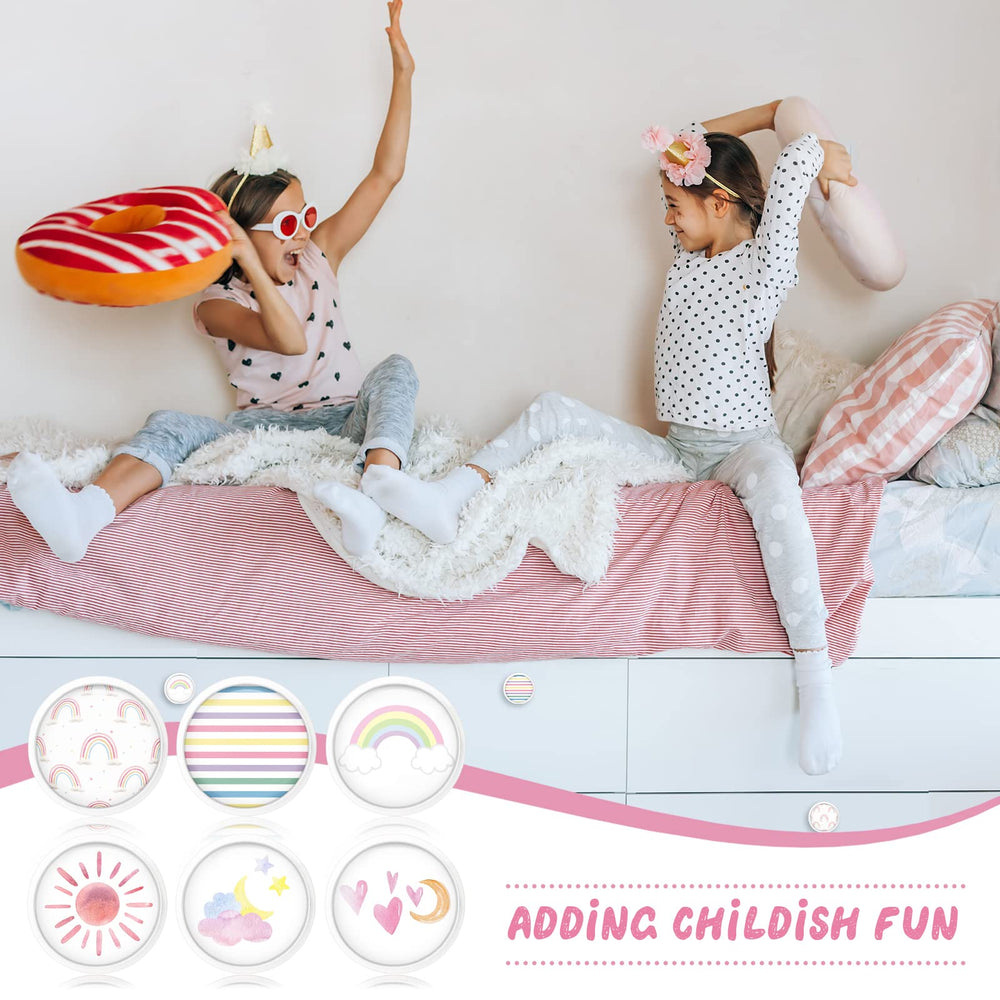 Fumete rainbow knob cloud pattern softens bedroom furniture with pastel charm.