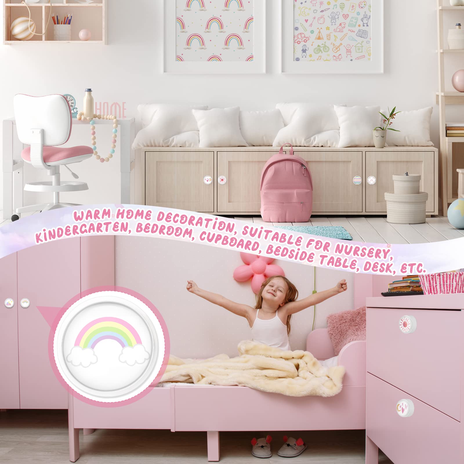 Fumete rainbow knob petal pattern blends softly into nursery aesthetics.