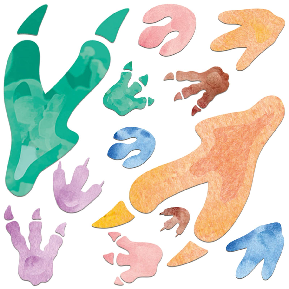 Fumete watercolor dinosaur footprints sheet showing six styles for versatile nursery wall decor