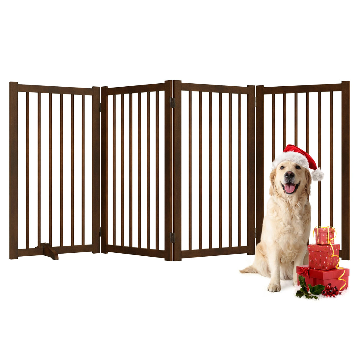 Fun Memories 36in freestanding pet gate assembled in walnut offers sturdy doorway defense