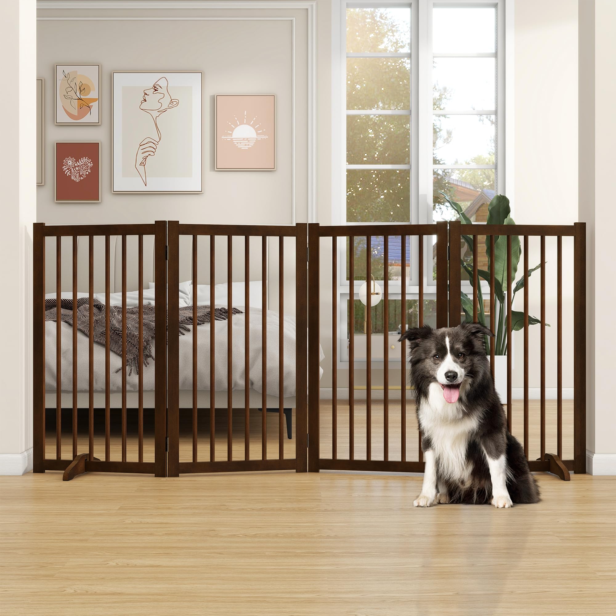 Fun Memories walnut wood gate front view showcases elegant finish and room-wide barrier