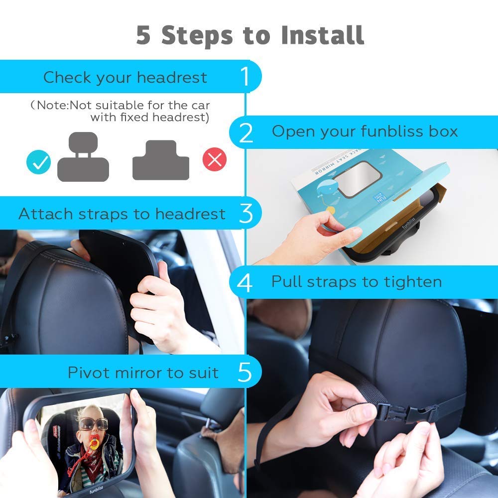 Funbliss pivot-design mirror improves viewing range with minimal distractions while driving.