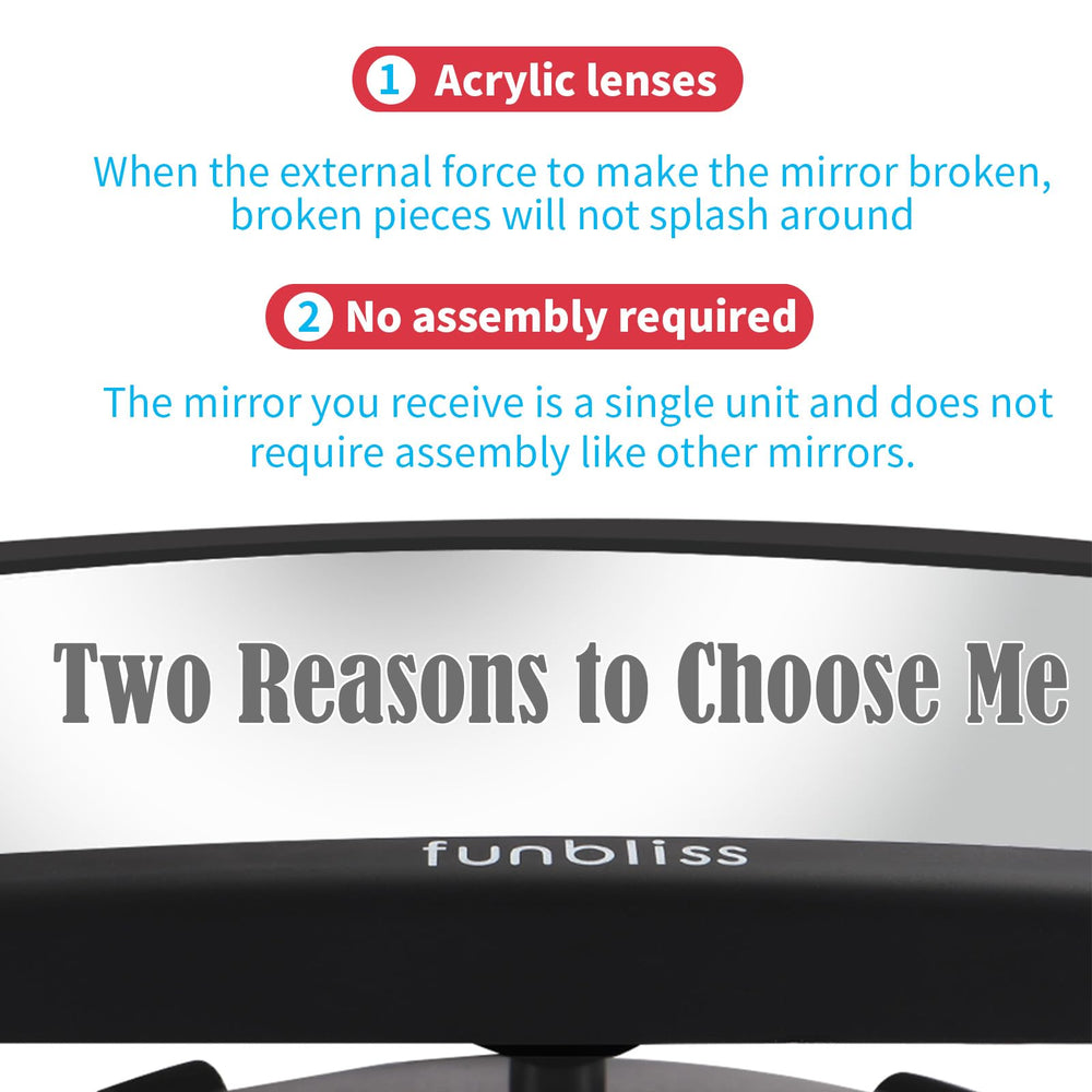Funbliss mirror with shatterproof lens keeps baby view clear and secure on rough roads.