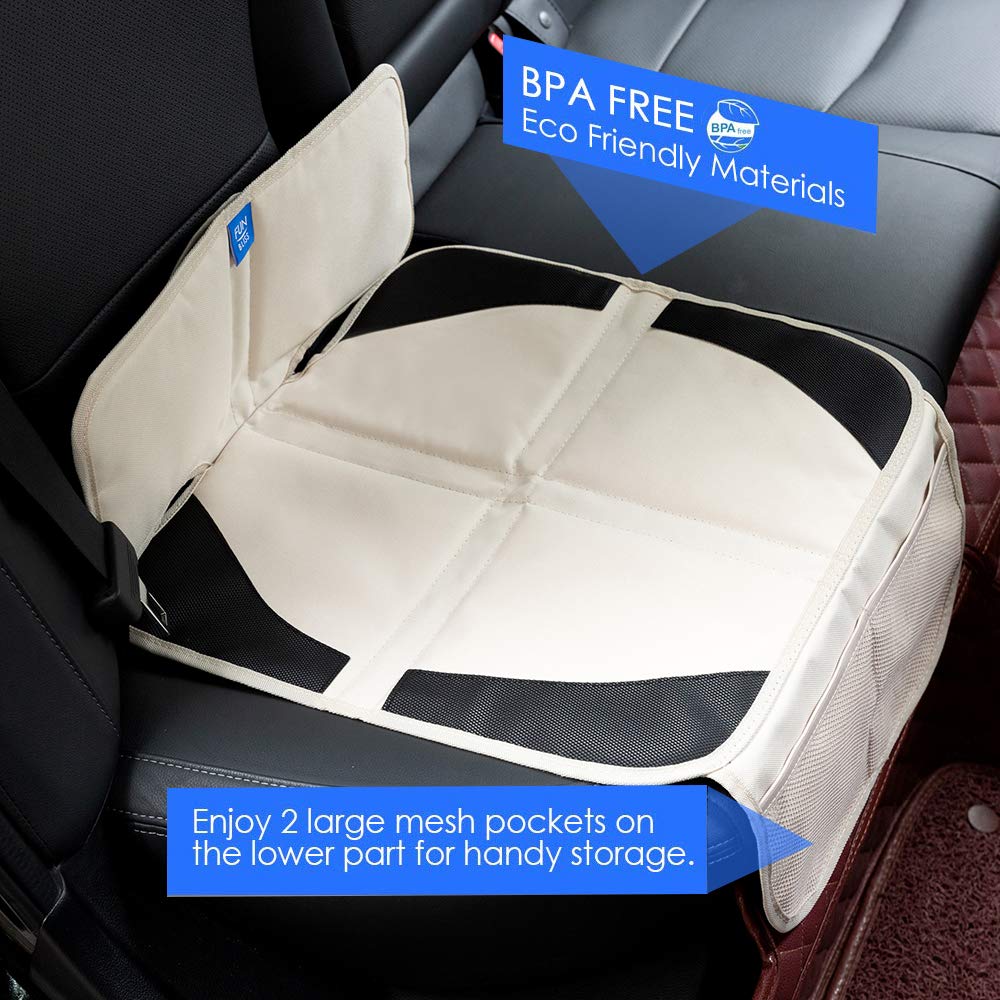Funbliss car seat protector with organizer pockets keeps items within reach.