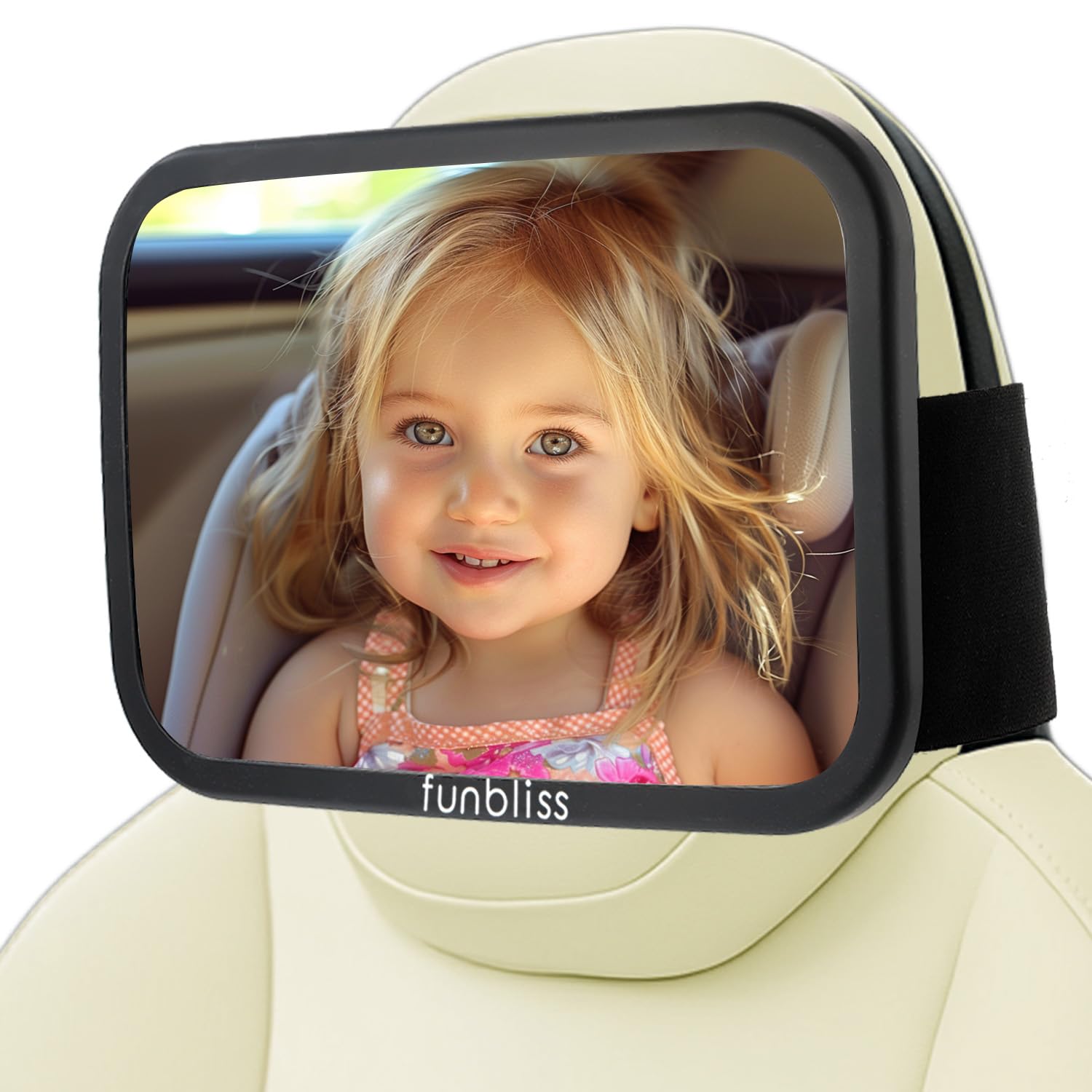 Funbliss fixed-headrest mirror provides a stable, clear view of your rear-facing baby while driving.