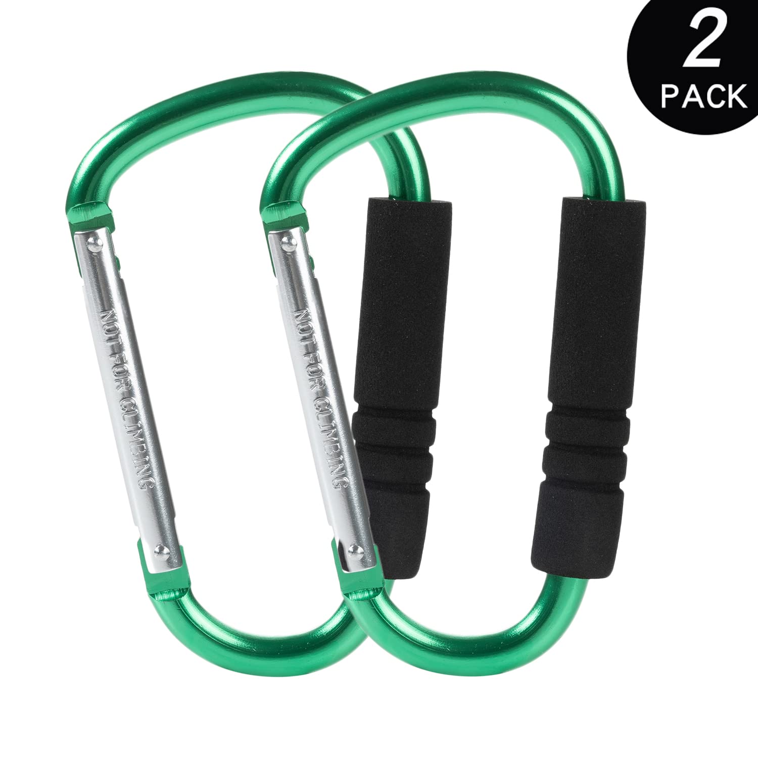 Funbliss stroller hooks green bag clip in use shows hands-free shopping convenience.