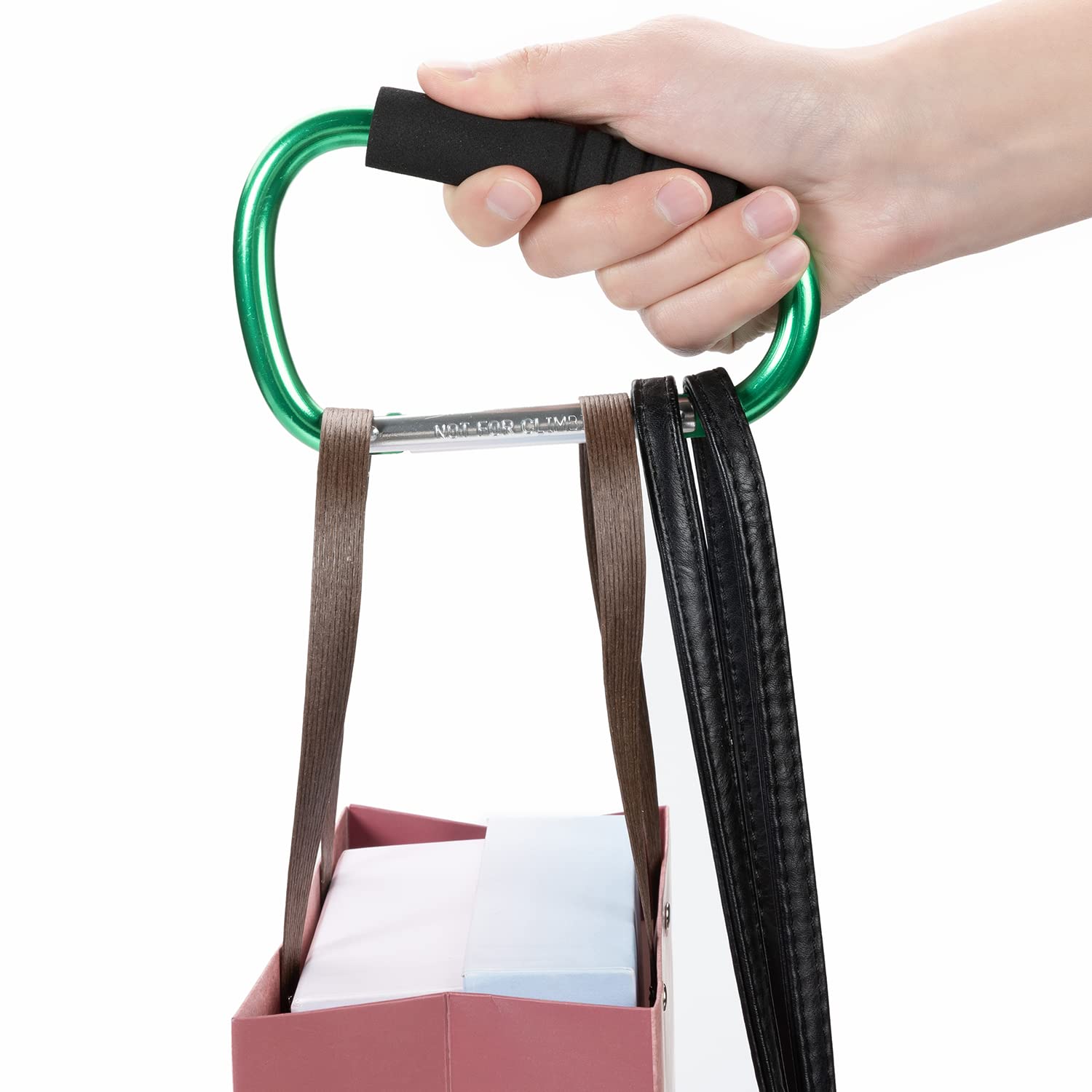 Funbliss stroller hooks green d-shaped design offers easy attachment to backpacks.