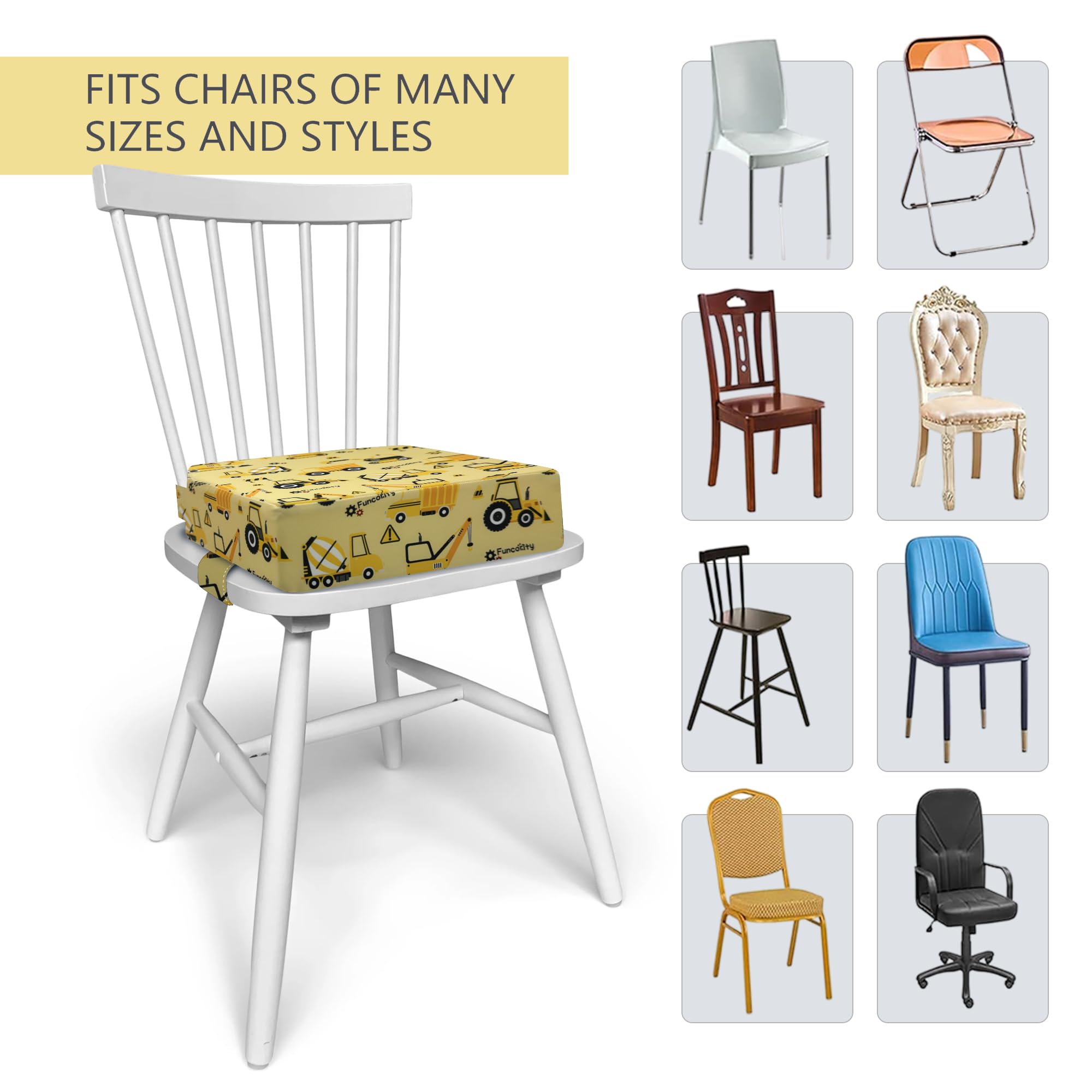 Funcority booster seat features colorful design to encourage independent eating.