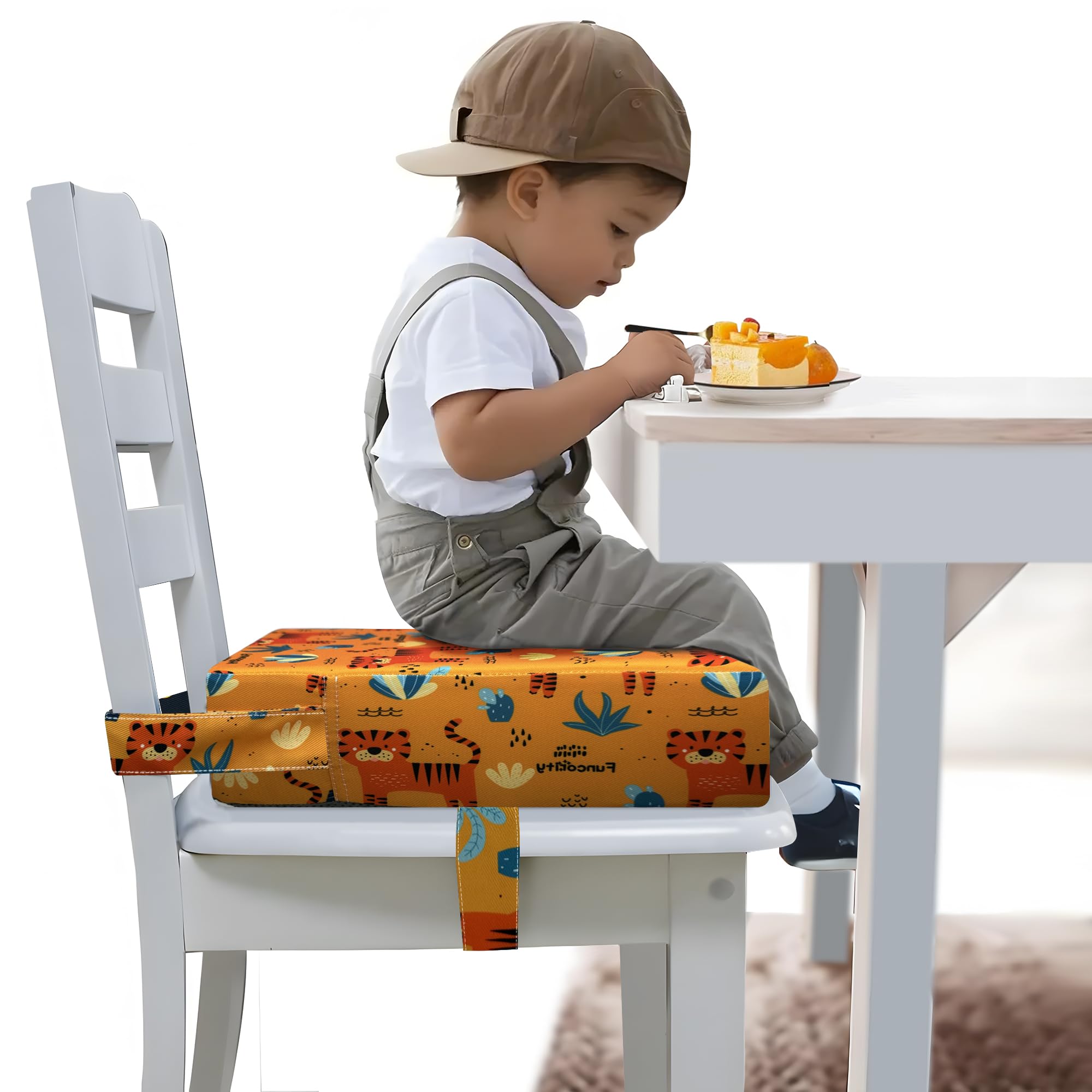 Funcority toddler booster seat on chair with secure straps for wobble-free meals.